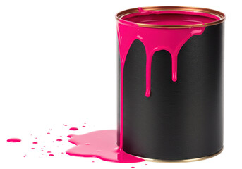 Isolated paint can with pink color dripping down its side; vivid hue; spilling and splattering