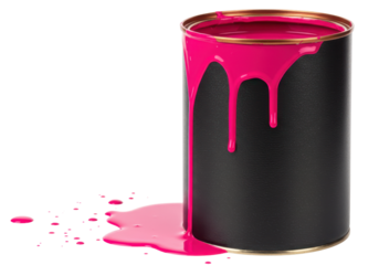 Isolated paint can with pink color dripping down its side; vivid hue; spilling and splattering
