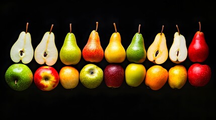 Assorted Fresh Fruits Displayed on Black Background with Reflection