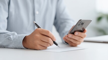 Fototapeta premium Business professional writing notes while using smartphone in modern workspace, showcasing multitasking and productivity in a corporate environment