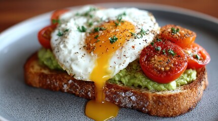 Avocado toast topped with a fried egg, cherry tomatoes, and herbs on a gray plate. Show healthy breakfast or brunch options with this delicious avocado toast.