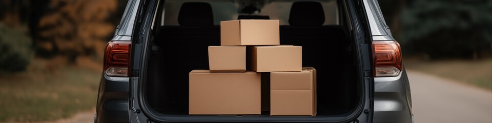 Obraz premium Stacked cardboard boxes in suv trunk on a quiet roadway