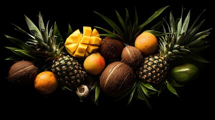 Vibrant and Fresh Tropical Fruits Arranged on a Black Background