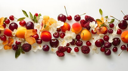 Colorful Arrangement of Fresh Fruits and Delicate Blossoms