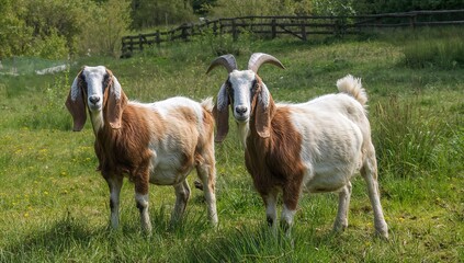 Obraz premium Stunning Nubian goats with long ears grazing on a countryside farm