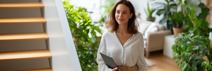 Confident young adult caucasian female holding tablet in modern indoor plant-filled office