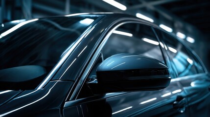 A High Resolution image of sleek modern car exterior with tinted windows and side mirror.