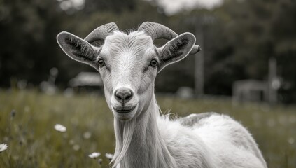 Fototapeta premium Horned goat portrait with blurred backdrop in natural setting