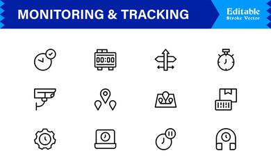 Monitoring And Tracking Solution icon collection. Unique And Minimal Line Icon Pack with Editable, Pixel-Perfect Design