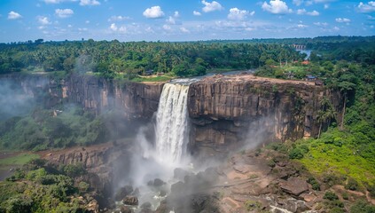 Fototapeta premium Marvel at the stunning power of a towering waterfall as it crashes down 221 meters amid a vibrant jungle landscape on a bright, sunny day.