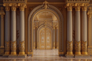 Baroque style entrance featuring columns and a golden ornate arch, resembling a fairy tale palace portal