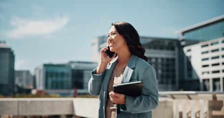 City, tablet and woman with phone call for travel, commute and real estate agent with negotiation. Urban, business person and realtor with mobile for talking, smile and contact for property question