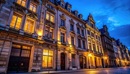 Naklejka premium Elegant European Architecture Illuminated by Warm Streetlights at Dusk with Paved Road and Cloudy Sky