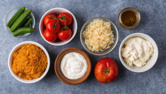 Assortment of probiotic-rich dishes for digestive wellness. Bowls displayed on a neutral surface. Ingredients include pickles, fresh tomatoes, fermented cabbage, dairy products, and vinegar. Header.