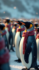 Realistic emperor penguins in elegant wool scarves and caps performing traditional Christmas hymns in organized formation. Penguins for Christmas and New Year celebration.