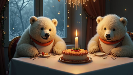 Majestic arctic bears solemnly sitting at elegant Christmas table wearing formal bibs tasting exquisite holiday cake. Bears for Christmas and New Year celebration.