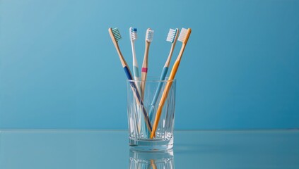 Various sizes of adult and kid toothbrushes placed in a cup on a glass surface with their reflection against a blue backdrop in the bathroom.