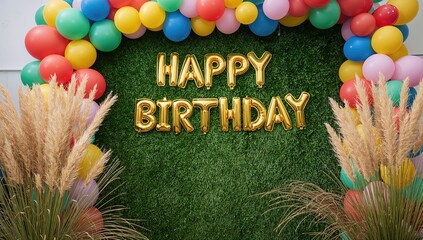 Children's party backdrop with pampas grass, vibrant balloons, and festive birthday lettering, ideal for detailed photography.
