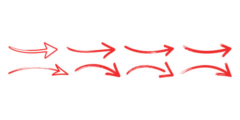 Straight and Curved Red Arrows Set Pointing Right Directional Guidance and Navigation Design