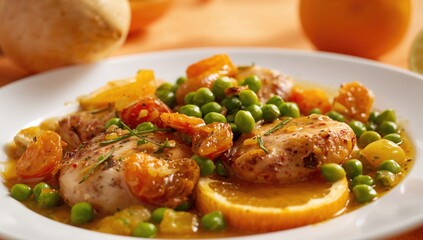 Fototapeta premium Chicken with citrus, peas, and dried apricot mix