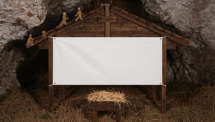 Christian holiday theme. The nativity of Jesus Christ. Rustic wooden crib inside a cave setting. Banner with space for text. Symbolic nativity depiction. Jesus as the meaning of the season. Savior,