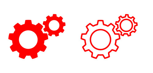 Red cogwheel combination showing gears in motion with mixed solid and outlined styles, minimalist vector on transparent background. Ideal for technology, teamwork, and mechanical process visuals.