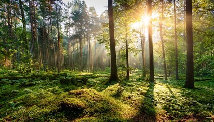 Obraz premium Beautiful Sunny Morning In Green Forest