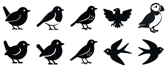 Silhouette solid icons of various birds. Set of black icon isolated PNG