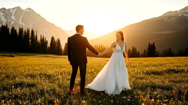 Couple dances in a golden meadow during a sunset wedding.