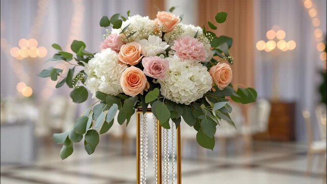 Beautiful flower arrangement adorns wedding reception hall, creating celebratory ambiance a romantic video 4k