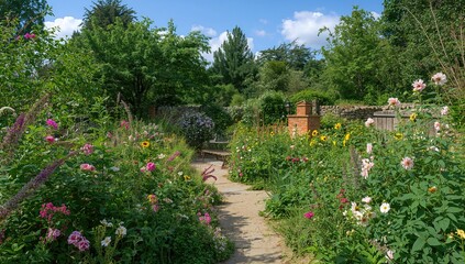 Naklejka premium Pink garden flowers in a lush green setting