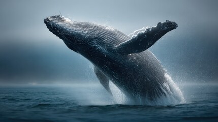 Naklejka premium Majestic humpback whale breaches, creating a splash of water in its powerful display. Perfect for conservation campaigns, showing ocean life and animal behavior.