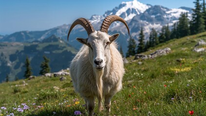 Obraz premium A beautiful wild goat with impressive horns standing in a vibrant green field, framed by majestic mountain scenery.