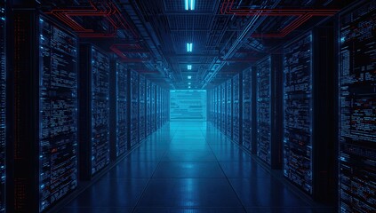 Representation of massive data storage and cloud technology in a server facility with programming data visualization.