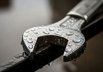 Adjustable spanner bathed in rain, showcasing precision and durability