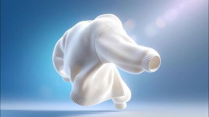 Soft white turtleneck sweater hovering against gradient blue, highlighting clean lines and plush fabric texture