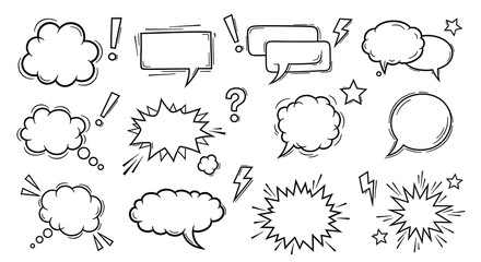 Comic speech bubbles isolated on white background, a dynamic collection for expressing dialogue and sound effects in creative projects © Monwara67