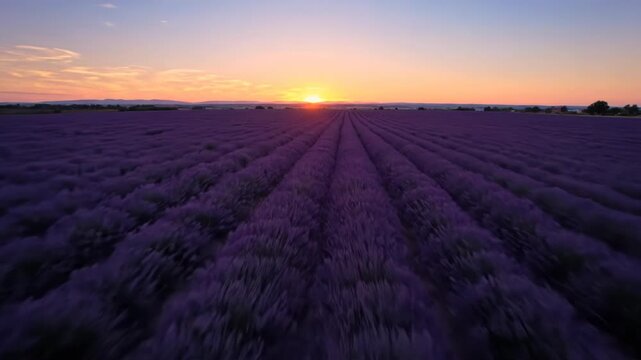Golden sunset bathes a vast lavender field in warm, glowing light