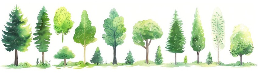 Tree line painted watercolor. Landscape illustration use for nature backdrop