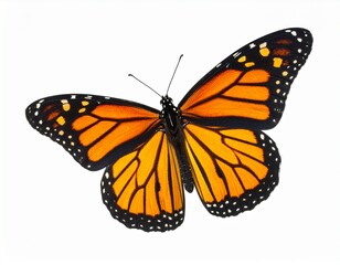 Obraz premium Beautiful monarch butterfly resting on a white surface with vibrant orange and black wings reflecting sunlight