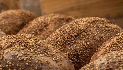 Close-up view of seeded whole grain bread loaves