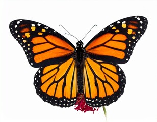Obraz premium Brightly colored monarch butterfly resting on a flower against a white background