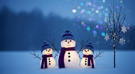Three snowmen in knit hats standing in snowy field under starry sky for family-friendly Christmas scenes