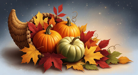 Three pumpkins and autumn leaves in a cornucopia, showcasing Thanksgiving harvest theme.  Warm color palette evokes feelings of gratitude and abundance. Free space for text.