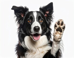 Fototapeta premium Friendly border collie sitting and raising one paw in a playful pose against a neutral background