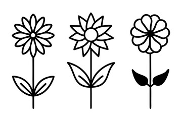 Obraz premium Three simple black and white line art flowers with stems and leaves design