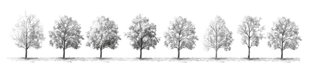 Fototapeta premium Trees in pencil drawing illustration with white background, isolated for design