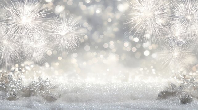 White sparkling fireworks over snowy glittering background with glowing bokeh lights and copy space for text. Elegant winter and New Year celebration concept - Powered by Adobe