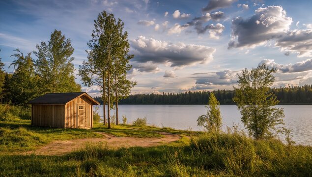 A tiny lakeside cabin serving as a sauna.