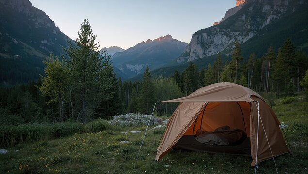 Rust-colored tent with fast setup system on a sunny day in nature, surrounded by hills and woodland, ideal for outdoor adventures and camping.